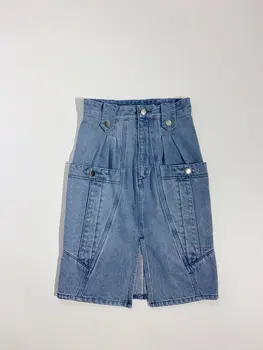 

Women Skirt 2020 Spring and Summer Pleated Pocket Denim Skirt