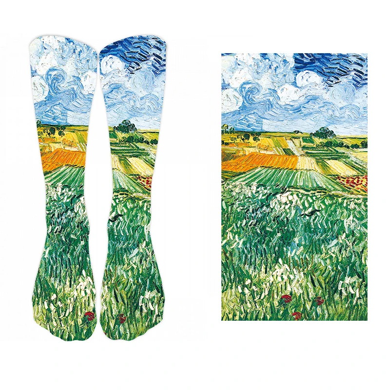 New Style Oil Painting Eiffel Tower Art Socks Men Women Pure Cotton Harajuku Retro Pastoral Scenery Happy Long Tube Funny Socks