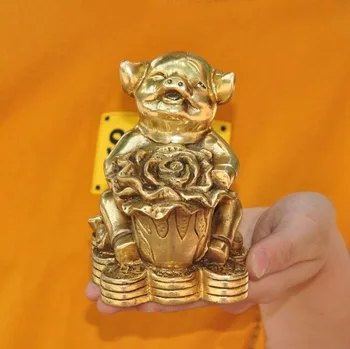 

China Feng Shui brass auspicious Chinese cabbage Zodiac animal pig Swine statue