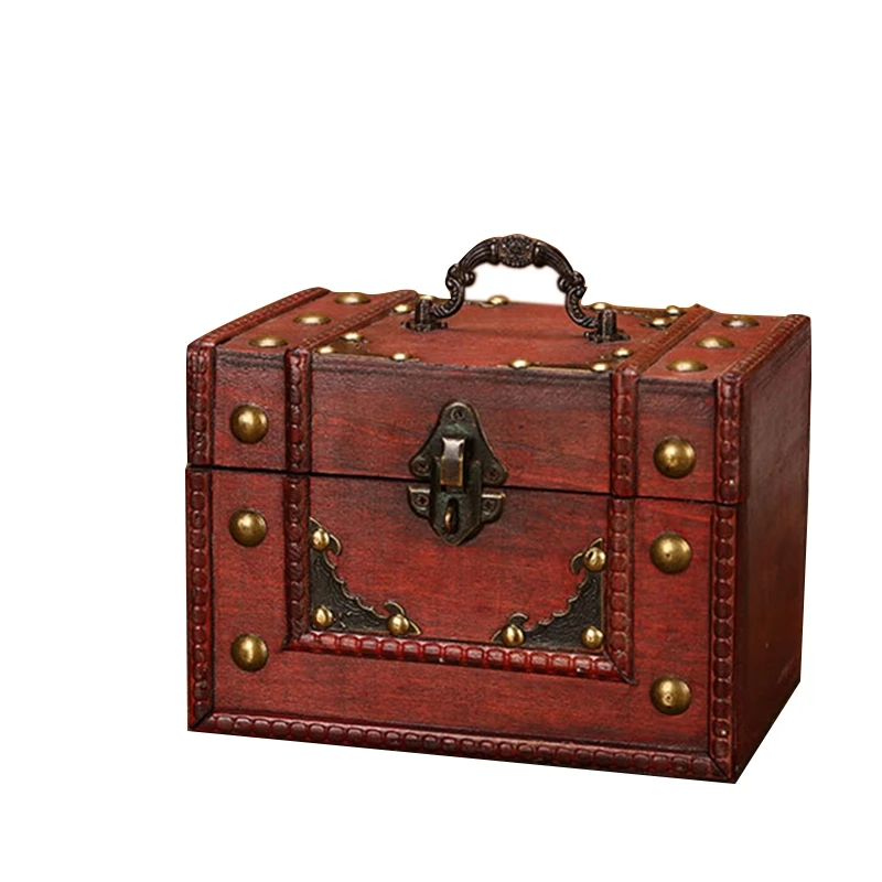 

Elegant Vintage Metal Lock Boxes Desktop Storage Jewelry Box Cases Wooden Pirate Treasure Chest Manual Casket Boxes