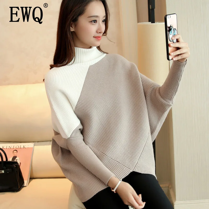 

[EWQ] 2019 High Quality Autumn Winter Turtleneck Collar Long Sleeve Hit Colors Knitting Pullovers Streetwear Sweater Women AH406