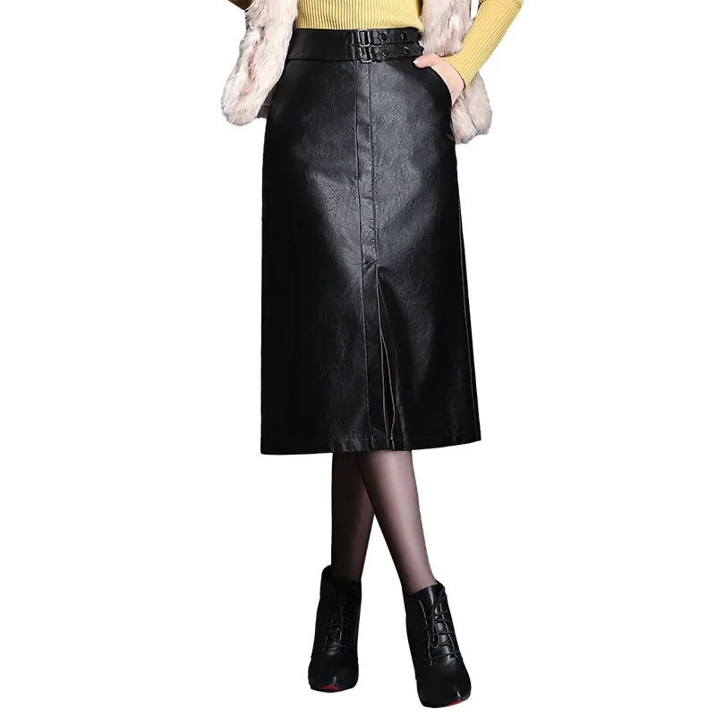 New Fashion PU Leather Skirt Women High Quality Opening Pencil Skirt Mid Long High Waist Work Wear Skirt Female