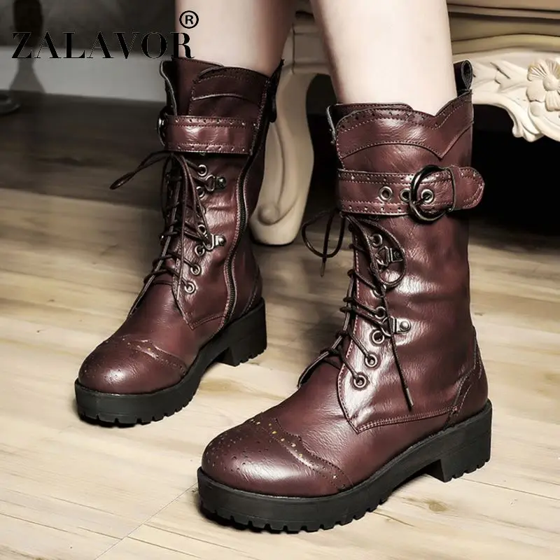 ZALAVOR Women Mid Calf Boots Fashion Brogue Casual Lace Up Winter Shoes Metal Buckle Flats Keep Warm Size 34-43 | Обувь