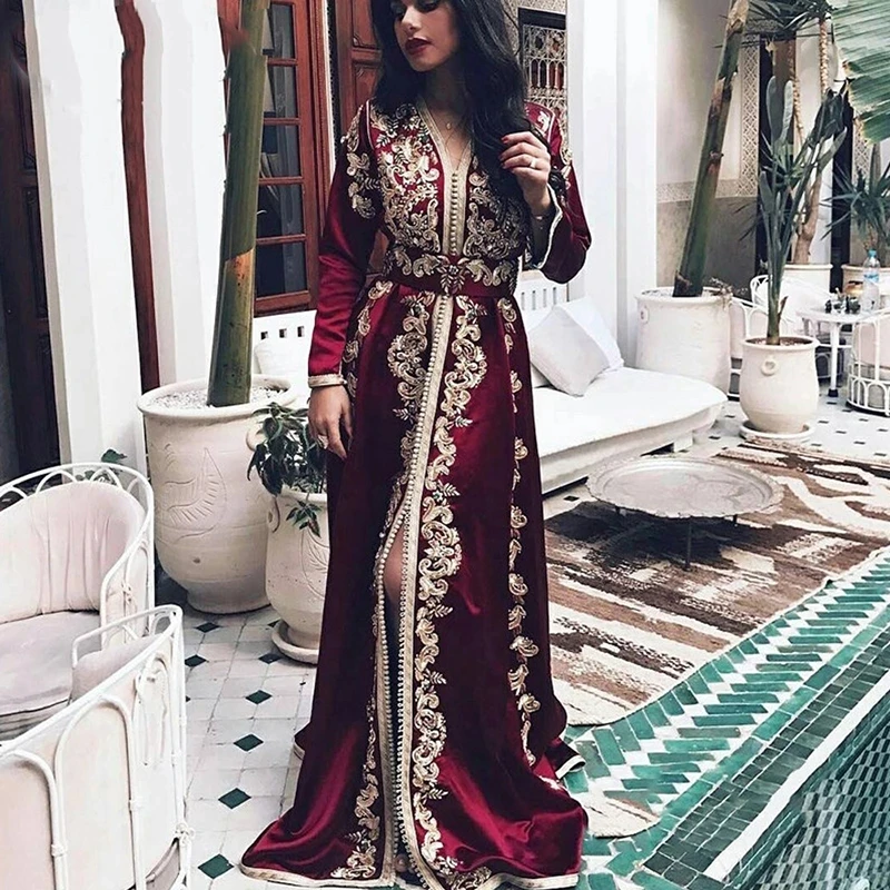 

Burgundy Muslim Evening Dresses A-line Long Sleeves Appliques Islamic Dubai Saudi Arabic Moroccan Kaftan Long Evening Gown Prom