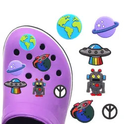 1pcs PVC Shoe Charms Accessories Decorations Earth Robot Spaceship Peace Sign Clogs Buckle for Bracelet Kids Gifts ZJ03LI3