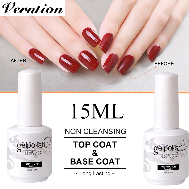 Verntion New 2 Top and Base Coat 15ml Nail Gel Polish Set Transparent Nails Long-lasting LED UV Varnish | Красота и здоровье