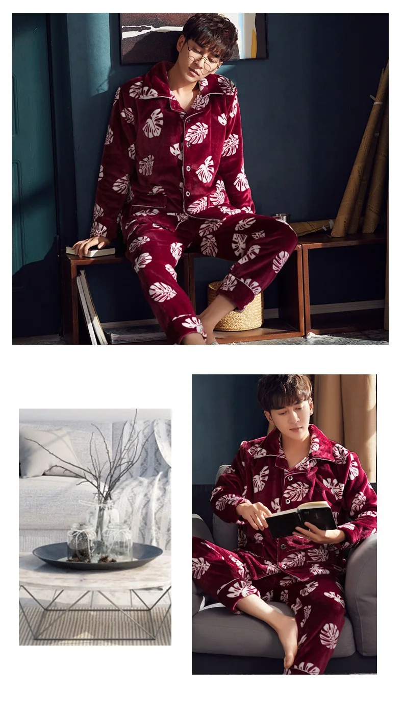Men Autumn Winter Coral Wool Long Sleeve Trousers Solid Pajamas Youth Home Wear Warm Flannel Middle-Aged Two Suit Халат