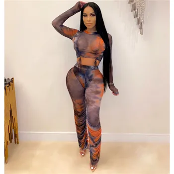

2 Pieces Set Women Tie Dyeing Print Mesh See Through Long Sleeve Lace-up T-shirt Crop Tops High Waist Stacked Pants