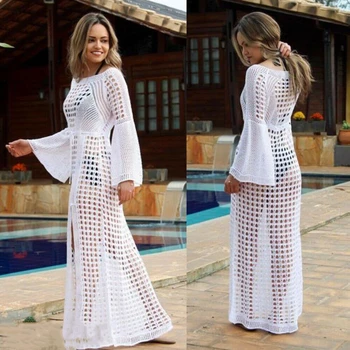 

1PC Autumn Women Hollow Knitted Beach Long Sleeve Bikini Cover Up Maxi Holiday Dress Hollow Out White Beach Dress
