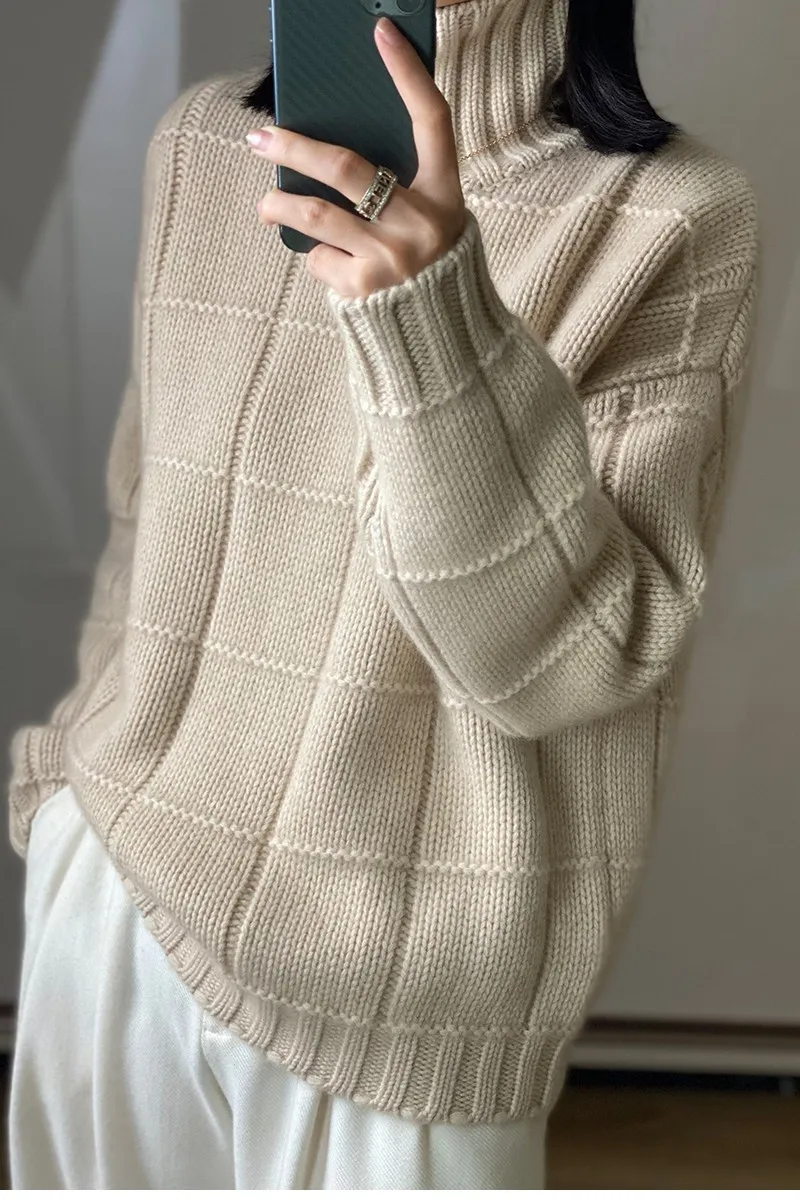 High-neck Thick Cashmere Sweater Women Loose Korean Style Lazy Autumn Winter New Wool Knitted Sweater Turtleneck Pullover Female ladies sweater