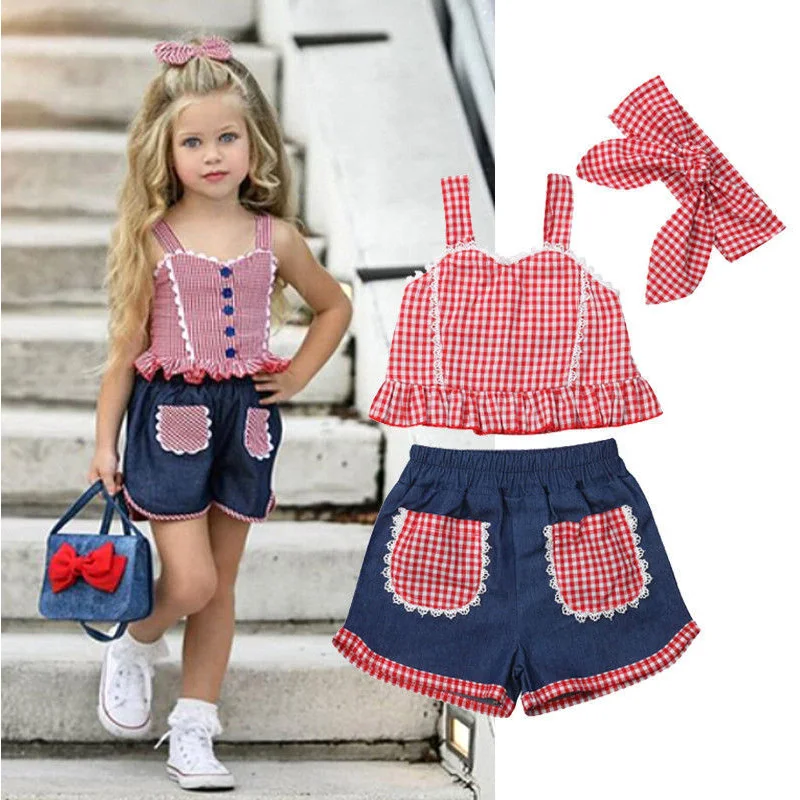 

Комплект летней одежды для маленьких девочек, кружевная рубашка на бретельках, шорты, повязка на голову, 3 шт., От 1 до 6 лет