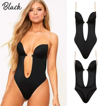 

Women Plunging Deep V-Neck Strapless Backless Bodysuit for Wedding Body Shaper Bra Shapewear U Plunge IK88