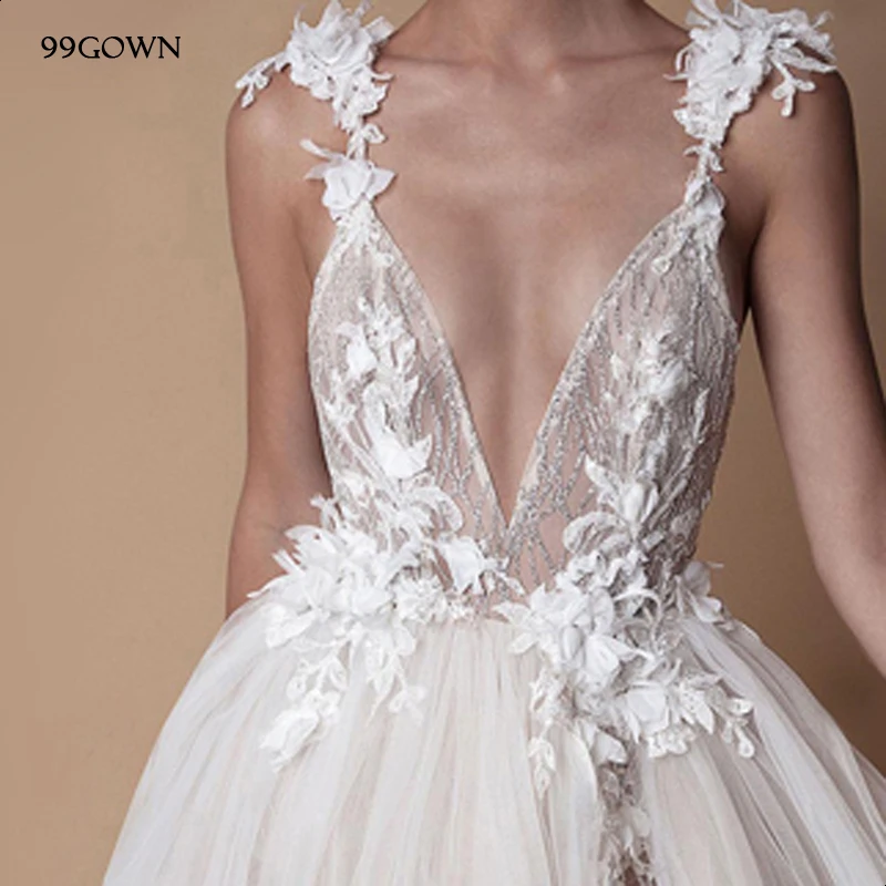 Günstig 99 KLEID Luxus Kapelle Zug Hochzeit Kleid 2019 Sexy Tiefem V ausschnitt Backless Kapelle Zug Brautkleid Lace Up