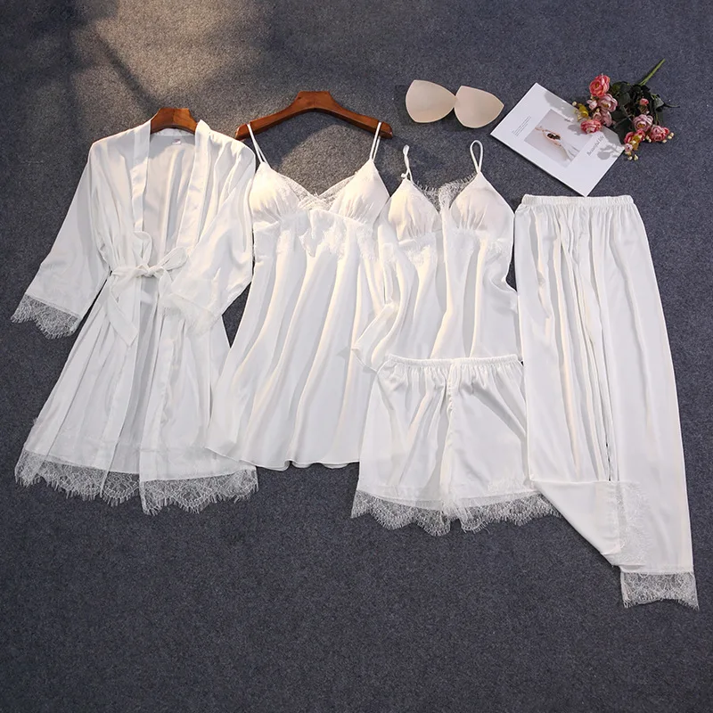 5pcs XXL Sexy Satin Pajamas Sets Winter Female Sleepwear For Women Lace Pyjamas Nightgowns Pijama Home Wear Suit pyjama femme | Женская