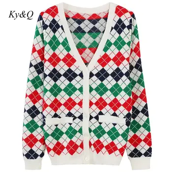 

Brand Designer Fashion 2019 Winter Contrast Color Check V-neck Loose Thin Knit Single-breasted Cardigan Sweaters Women Clotthes