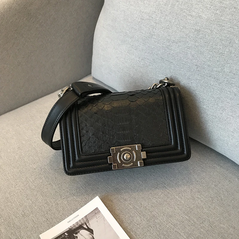 

Customized high quality leather handbags Snakeskin with Sheepskin Vintage Chain Shoulder Bag Black Women's Bag