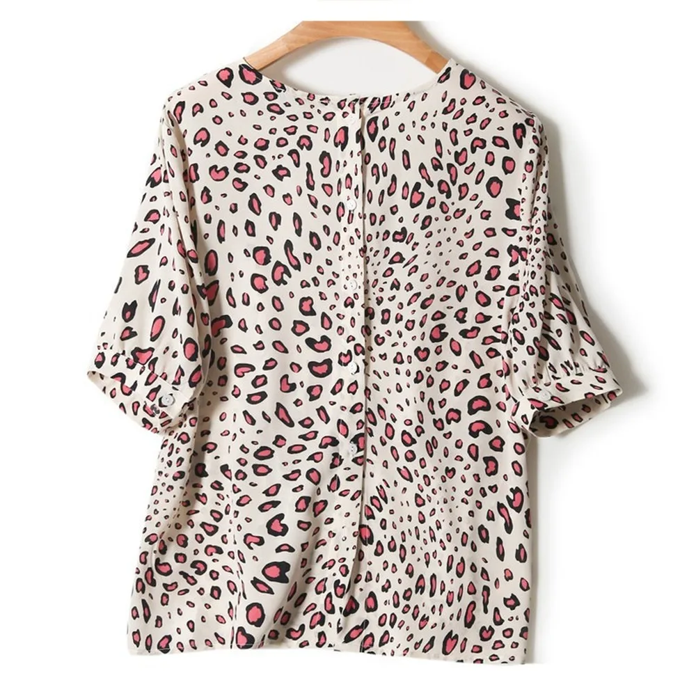 Rose red leopard print silk round neck top women's