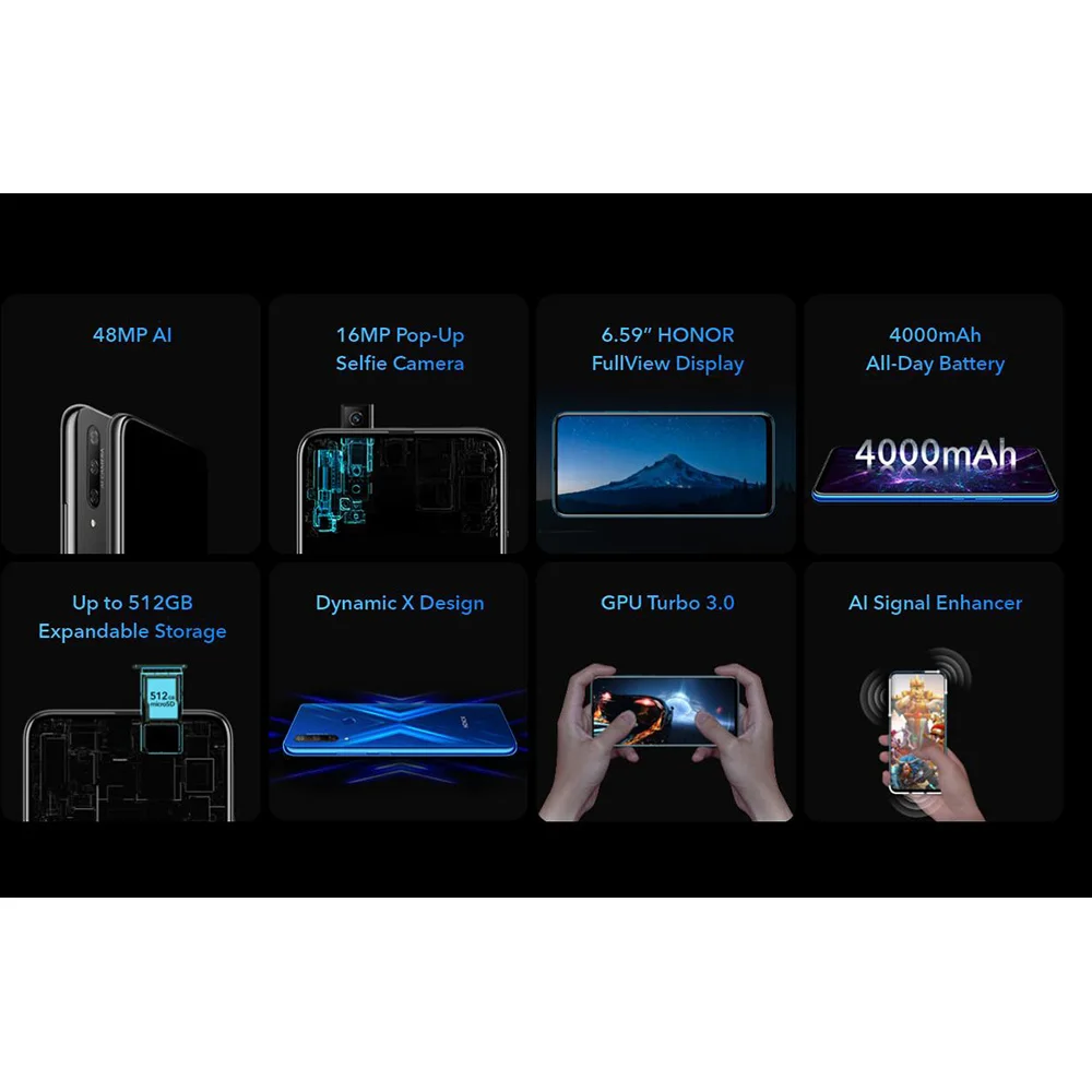 Мобильный телефон Honor 9X6 GB 128GB Kirin 810, четыре ядра, 6,59 дюймов, отпечаток пальца, 4000 мАч, 48MP камера, Anroid 9, 4G смартфон
