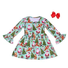 Рождественское платье для малышей с изображением Санта Клауса и северных оленей, леггинсы с изображением елок с принтом; платье для девочек; детская зимняя, с рюшами на длинном рукаве и топ с бантом