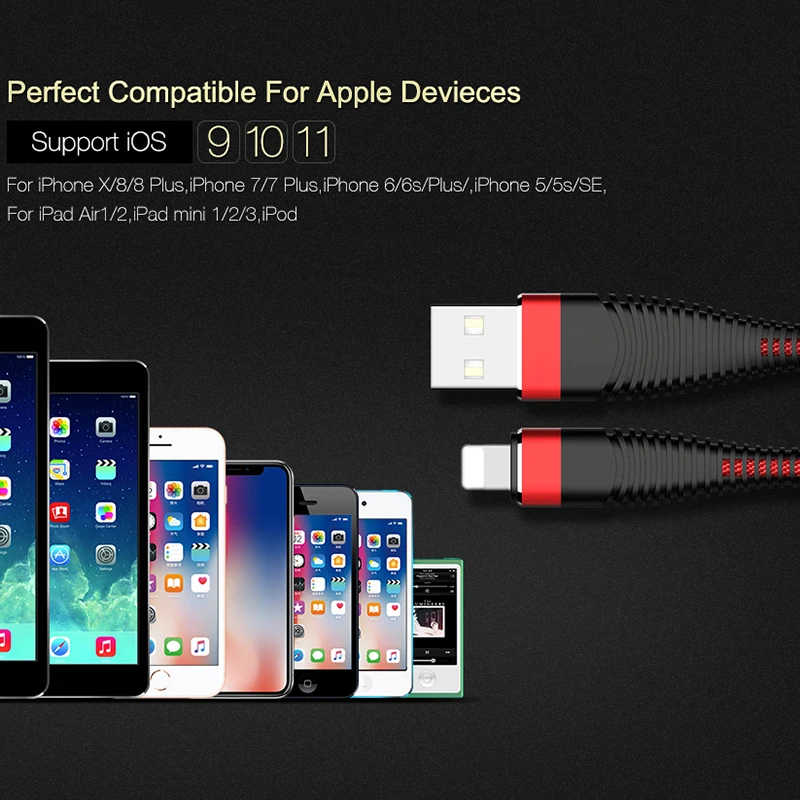 Высокопрочный usb-кабель для iPhone Xs Max XR X 8 7 6 Plus 6s 5 iPad 2A кабель для быстрой зарядки кабель для мобильного телефона USB кабель для передачи данных 100 см