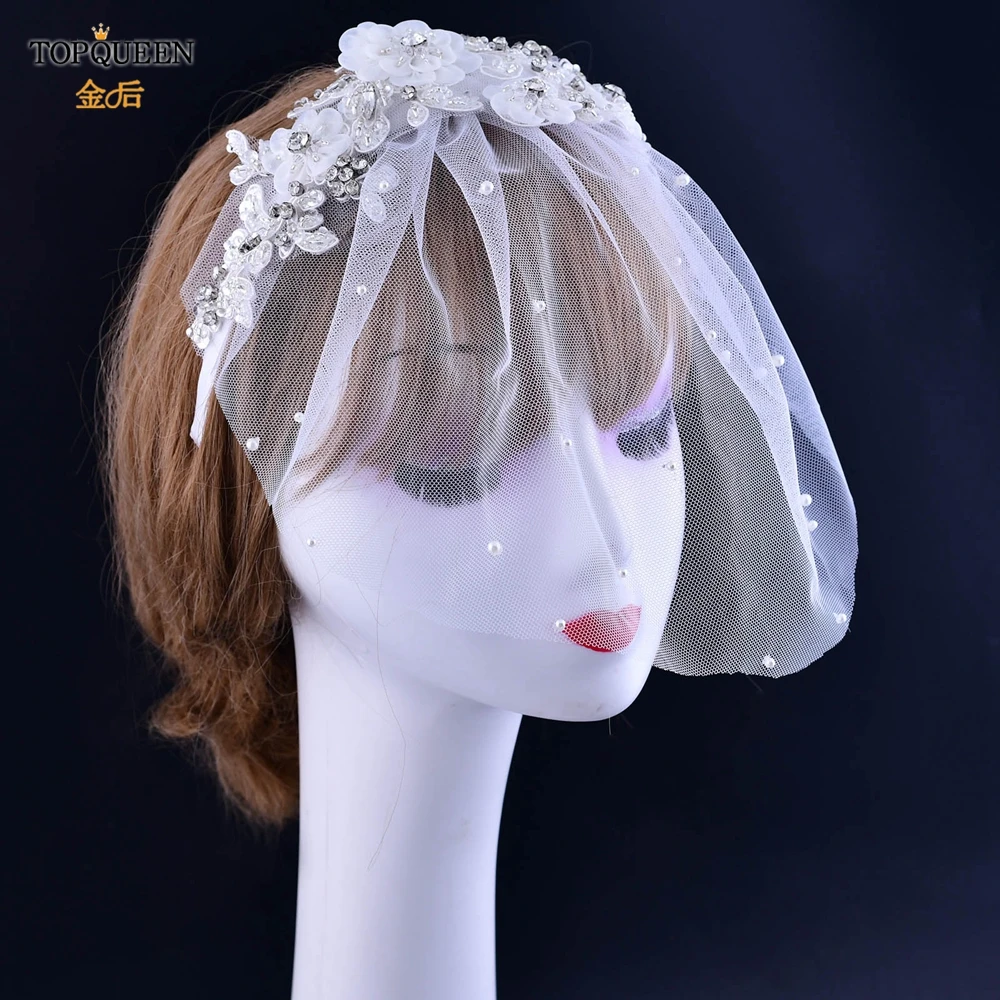 TOPQUEEN FG19 Fascinator Bride Face Veils Wedding bride Hats 2020 Bridal Flower Applique Fascinator Bridal Net  Veil for party