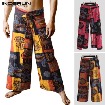 

INCERUN Vintage Men Pants Ethnic Printed Lace Up Loose Streetwear Joggers Wide Leg Trousers Men Cotton Fisherman Pants S-5XL