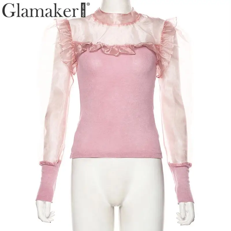 Glamaker, вязаная Лоскутная Блузка с оборками и круглым вырезом, элегантная женская сетчатая блуза с длинным рукавом-фонариком, Женская осенне-зимняя Сексуальная Блузка