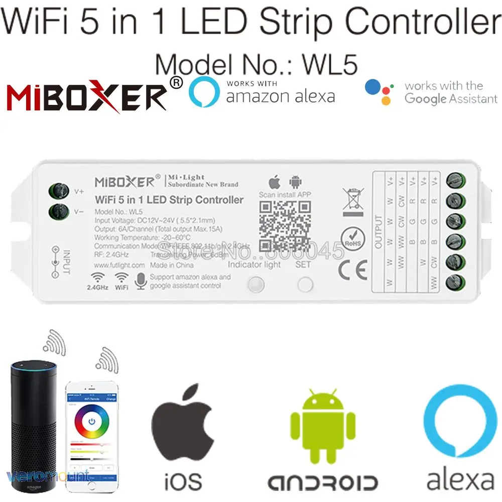 Miboxer WL5 2,4G 5 в 1 WiFi светодиодный контроллер для одноцветного CCT RGB RGBW RGB+ CCT Светодиодная лента поддержка Amazon Alexa Голосовое управление