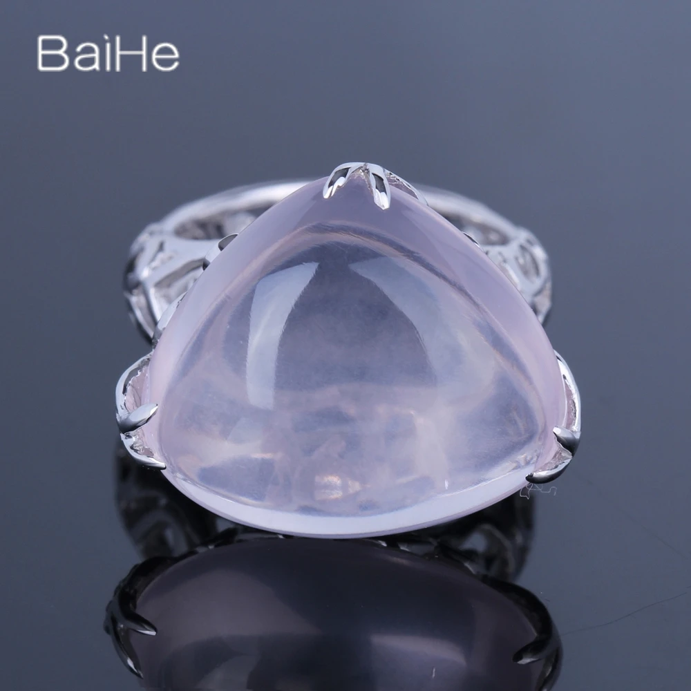 

BAIHE Solid 14K White Gold Genuine Pink Quartz Ring Women Girl Wedding Engagement Trendy Fine Jewelry Bague Quartz Rose Anillo