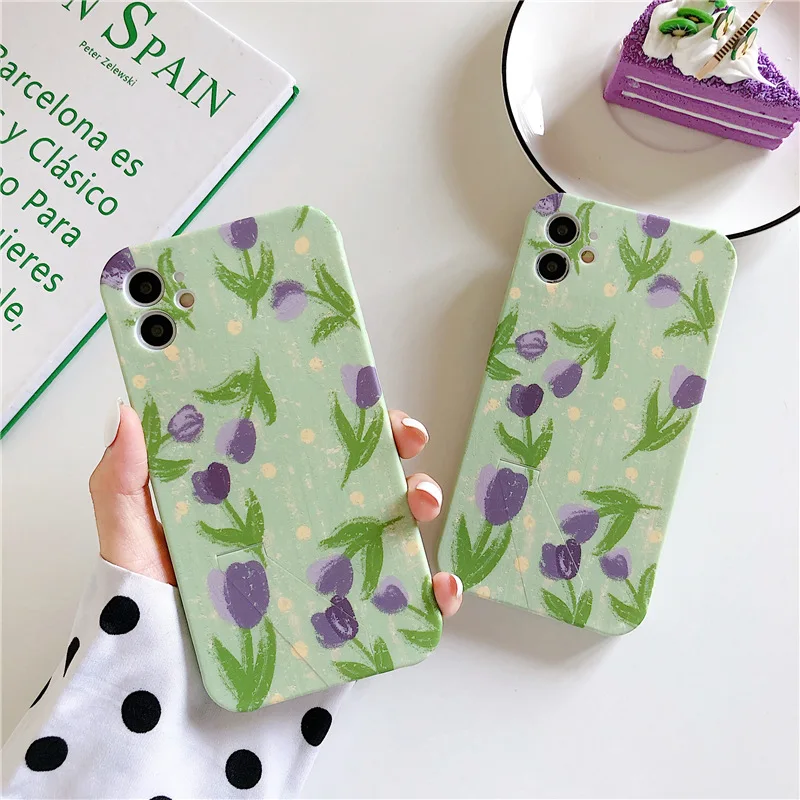 

Simple tulip floral case for iphone 11 11Pro XR X XS Max 7 8 Plus SE 2020 invisible stand holder protective phone Case