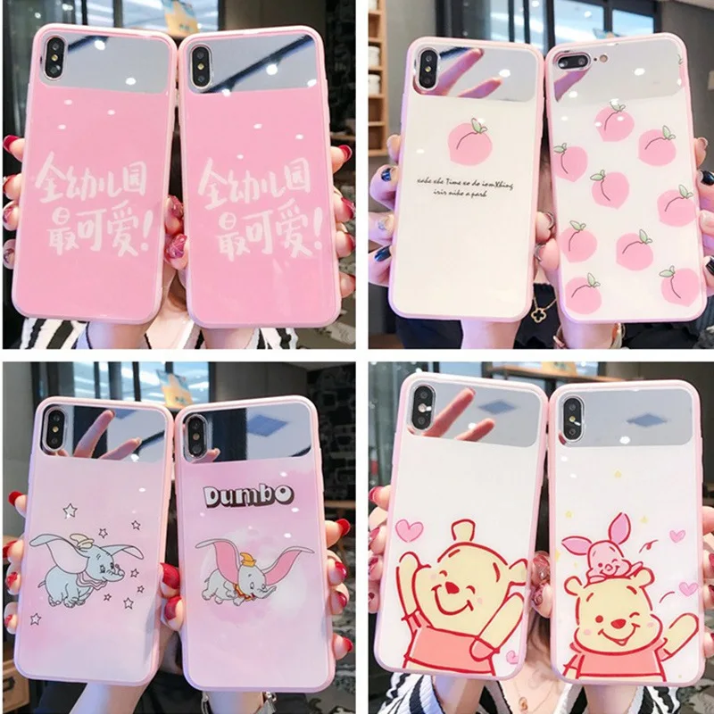 

New mirrored tempered glass phone case for iPhone X XS XR XSMax 8 7 6 6S PluS cartoon pattern cute drop protection cover