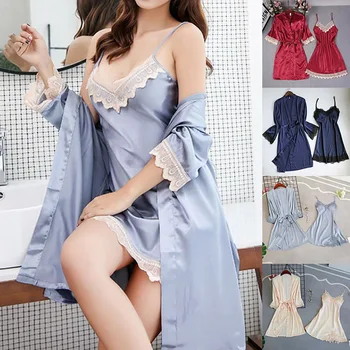 

Women Pajamas 2 Pieces Satin Sleepwear Pijama Silk Home Wear Home Clothing Embroidery Sleep Lounge Pyjama with Chest Pads