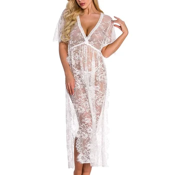 

Babydoll Home Side Split Women Sexy Nightgown Gift Chemise Lace Lingerie Short Sleeve Nightwear Soft V Neck Visible Wedding