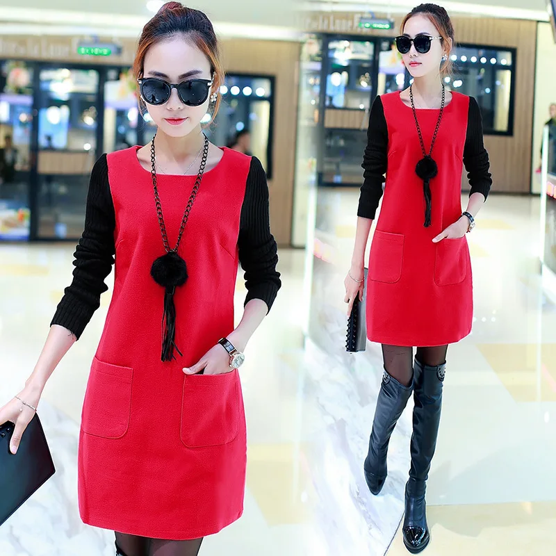 

2018 Autumn And Winter Days nv zhuang qun Slim Fit Slimming Mock Two-Piece Korean-style Mid-length Brushed And Thick Hoodie Dres