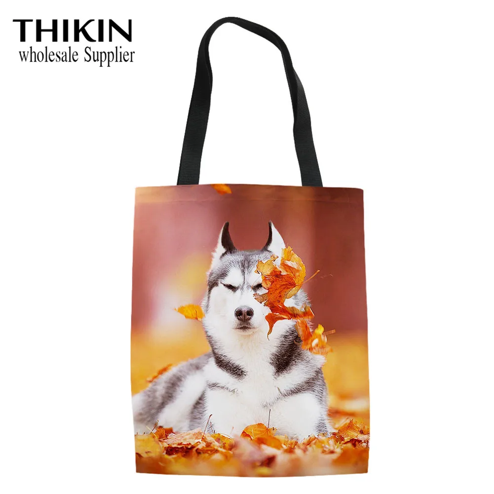 as picture THIKIN, женские сумки через плечо, Kawaii, 3D Рисунок хаски, большие льняные сумки с верхней ручкой для девушек, для покупок, повседневные, тоут, женские сумки - Цвет: as picture