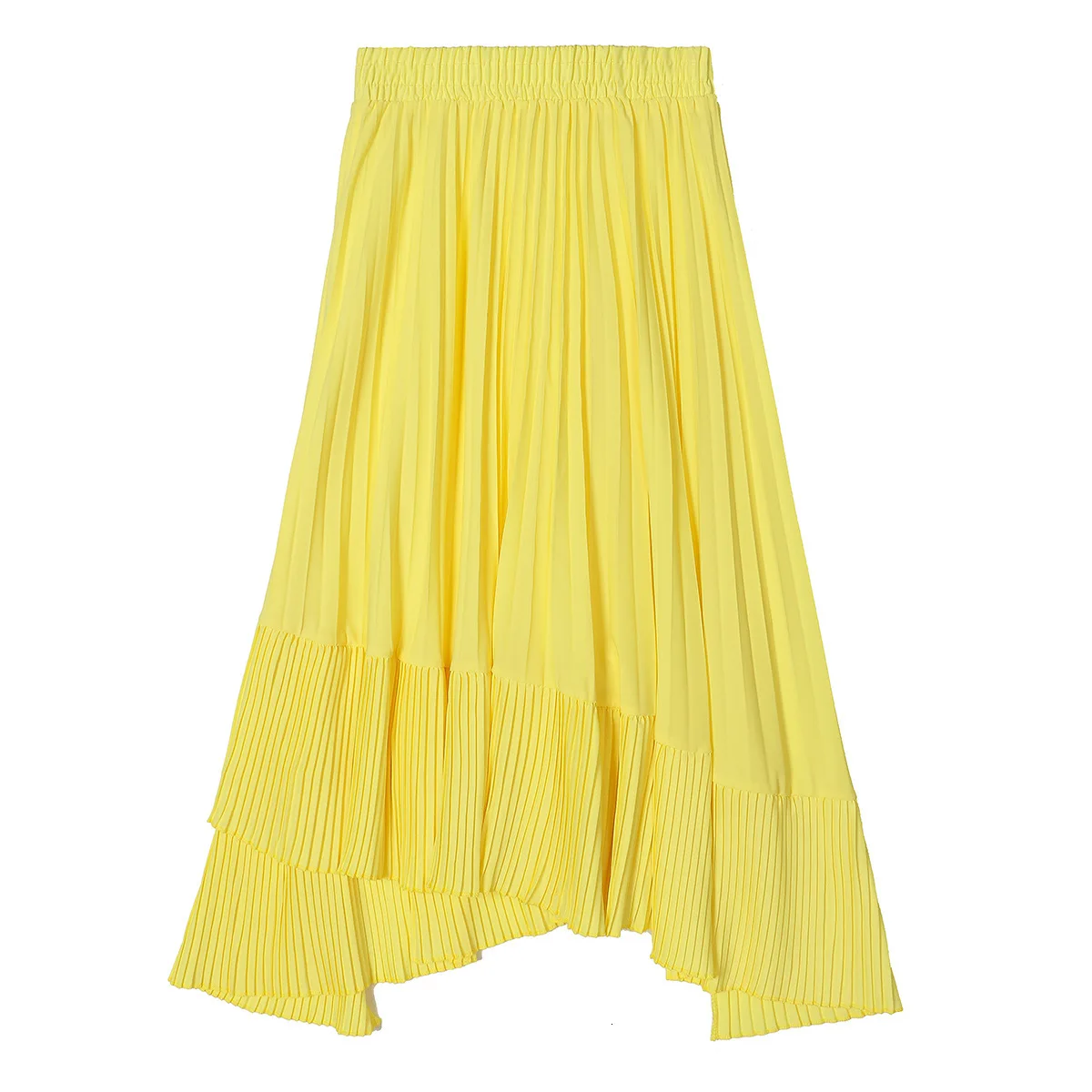 TVVOVVIN Solid Candy Color Heavy Crimp Irregular Cut Out Patchwork Elastic Waist Long Fund Half-body Mid-Calf Skirt ZX120 - Цвет: yellow