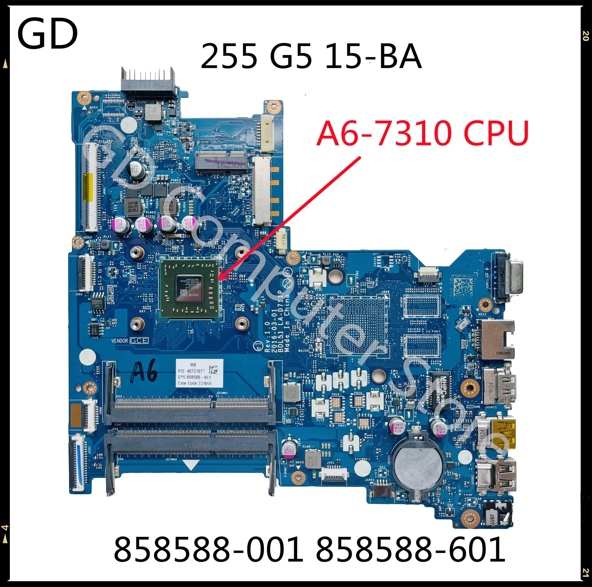GD оригинал для ноутбука HP 255 G5 15-BA материнская плата 858588-001 858588-601 LA-D711P с