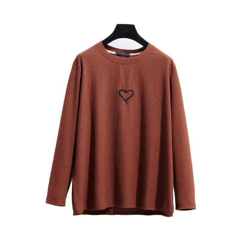 5XL 6XL женская облегающая футболка большого размера с длинным рукавом, одноцветная футболка с круглым вырезом и вышивкой в виде сердца, топы, Повседневный пуловер размера плюс, рубашка - Цвет: coffee