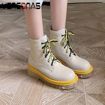 

VERCONAS 2020 Autumn Winter Casual Genuine Leather Ankle Boots For Women Platforms Lace-Up Shoes Woman New Concise Outdoor Boots