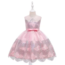 Flower Lace Baby Girl Dress  Sequins Pink Party Children Clothing 4-10 Years Princess Pageant Kids Dresses for Girls Costume