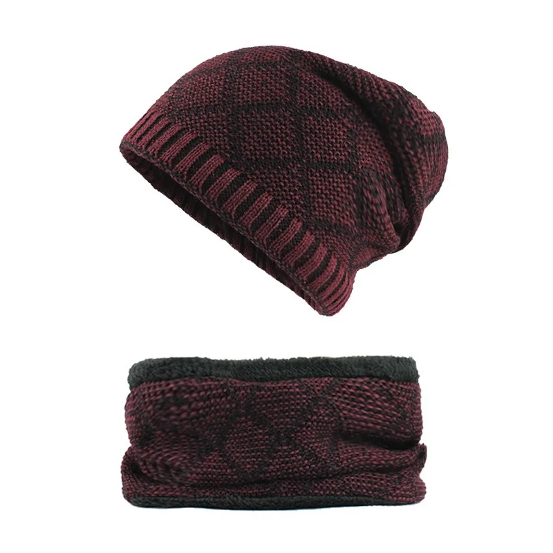 Knitted Hats For Men Winter Scarf Warm Thick Fluffy Slouchy Hats Outdoor Long Beanie Ribbed Casual Breathable Gorros - Цвет: Red Set