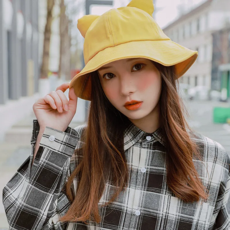 

Fisherman hat female cute Korean soft girl wild hat female Japanese literary cat ear lotus leaf yellow spring and autumn