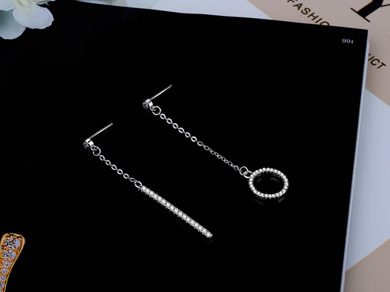 Heißer Verkauf Asymmetrie Runde Und Lange Streifen Zirkon Ohrringe 925 Sterling Silber Strass Anhänger Ohrring Frauen Schmuck Geschenk – Detail 31