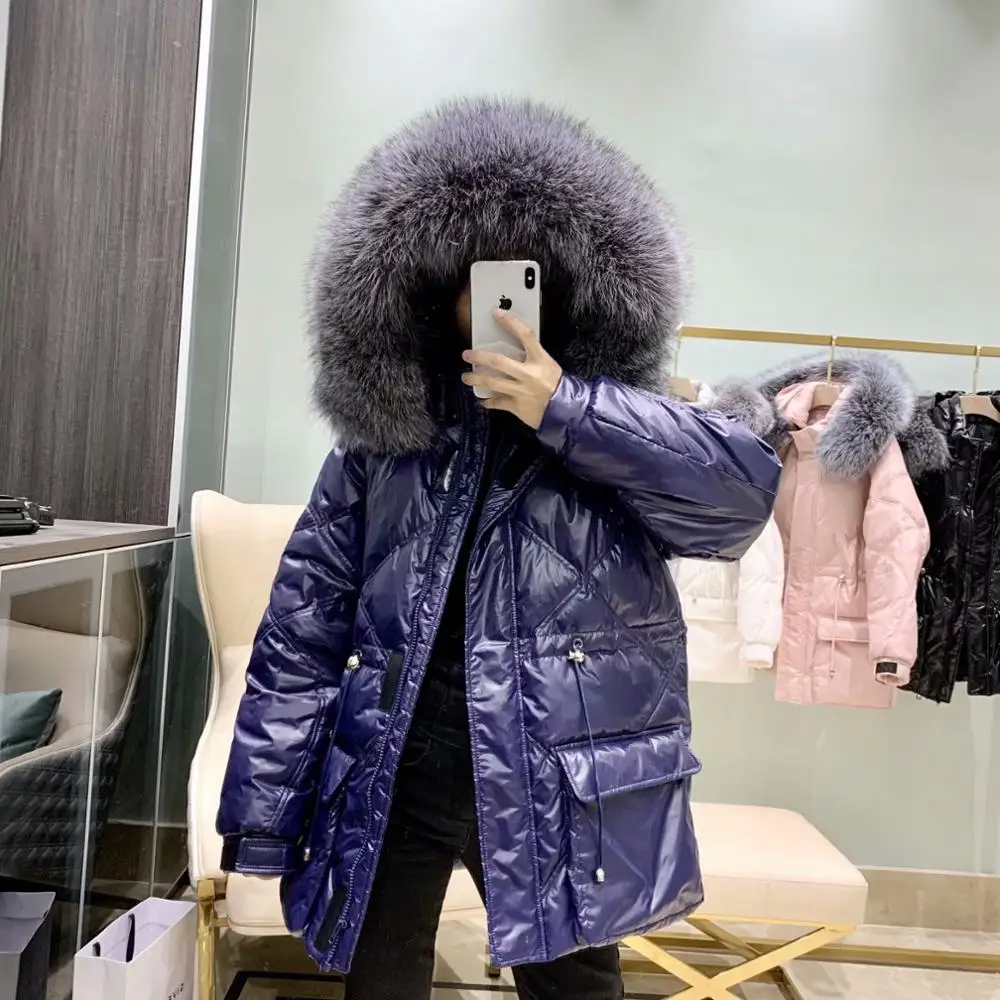 Женский пуховик с капюшоном куртка на белом утином пуху натуральным мехом