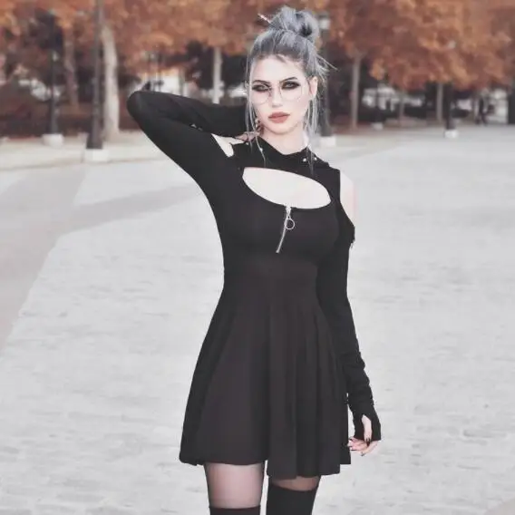 2020 Весна Осень женское платье с капюшоном Готический черный уличная одежда для