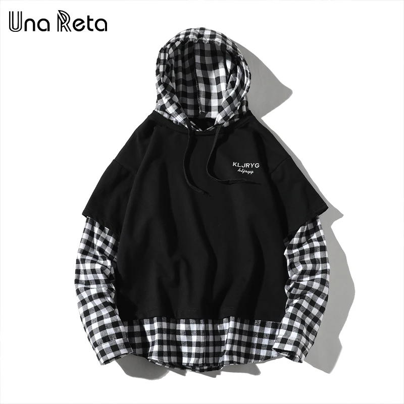 

Una Reta Streetwear Sweatshirt New Autumn Hip-Hop Stitching Lattice Sleeve Hoodies Men Tracksuit Harajuku Plus Size Hoodies