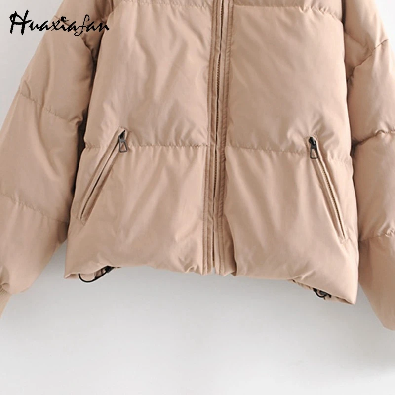 Huaxiafan, Зимняя женская куртка, пальто, короткая парка на молнии, длинные рукава-фонарики, одноцветная женская теплая верхняя одежда, куртки, повседневные пальто