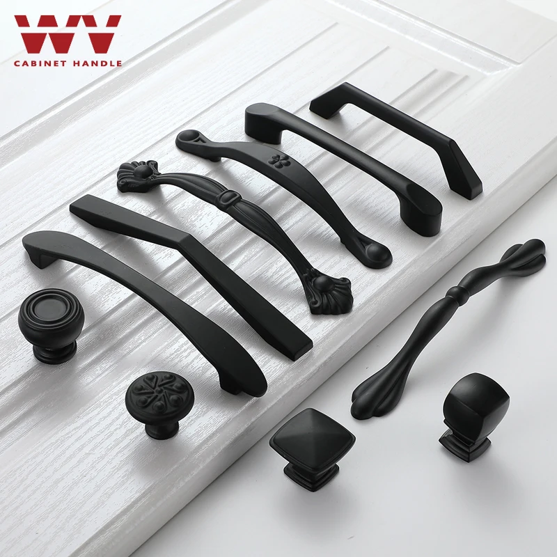 

WV Matte Black Cabinet Handle American Style Zinc Alloy Black Cabinet Handles Kitchen Door Pulls Drawer Knobs Furniture Handle