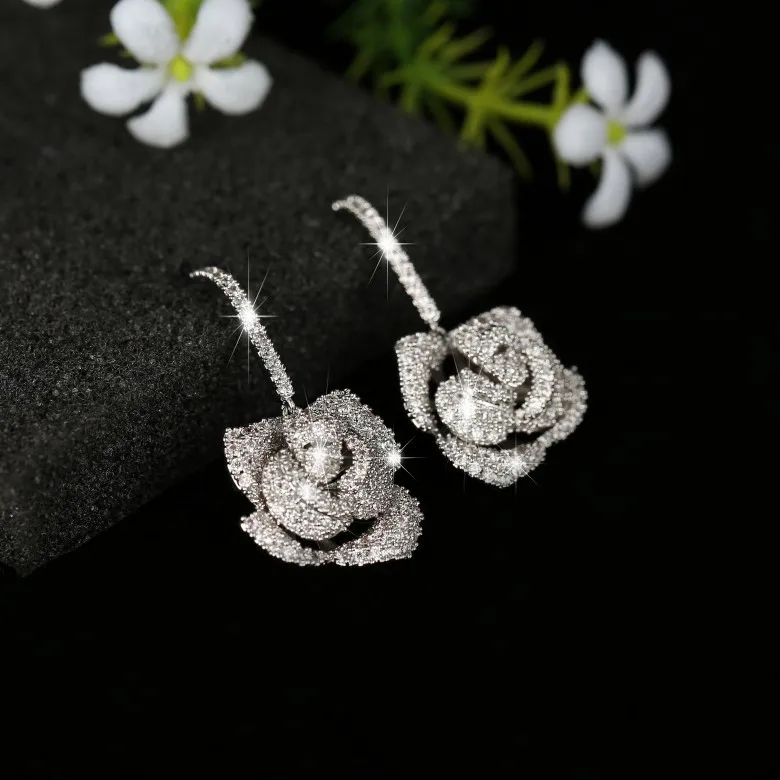 Модные Серебристые кристально чистые серьги-капли с кубическим цирконием в виде розы для женщин