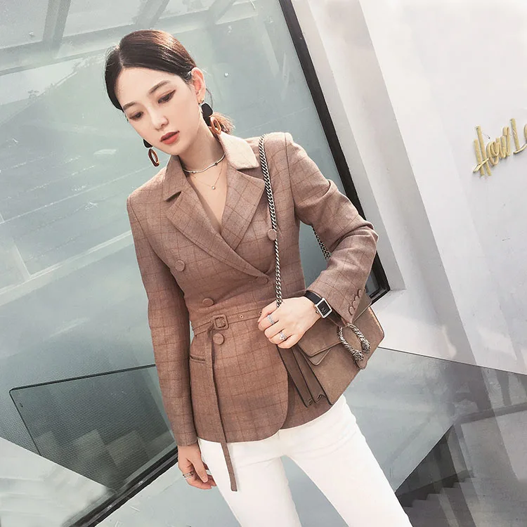 

Women Clothes Spring Lattice New Retro Plaid Belt Suit Slim Slimming Suit Jacket Female Women Suit Jacket(only Jacket)